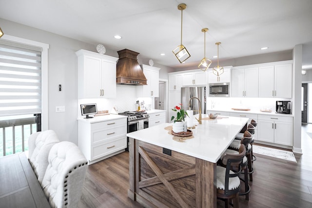 1205 Skyview Cir NW, Rochester, MN 55901 - kitchen featuring stainless steel appliances, custom range hood, a kitchen breakfast bar, light countertops, and decorative backsplash