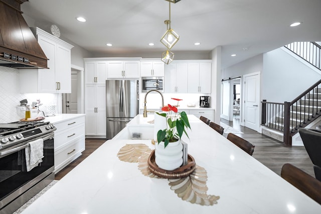 1205 Skyview Cir NW, Rochester, MN 55901 - kitchen featuring stainless steel appliances, premium range hood, a barn door, tasteful backsplash, and decorative light fixtures