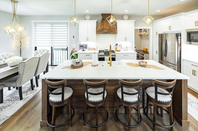 1205 Skyview Cir NW, Rochester, MN 55901 - kitchen featuring stainless steel appliances, custom exhaust hood, dark wood-style flooring, an island with sink, and a kitchen breakfast bar