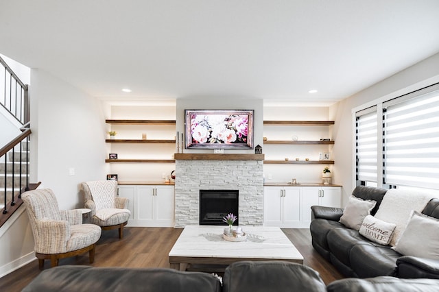 1205 Skyview Cir NW, Rochester, MN 55901 - living room with stairway, dark wood finished floors, and a fireplace