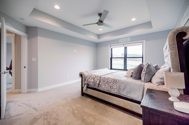1205 Skyview Cir NW, Rochester, MN 55901 - bedroom featuring a tray ceiling, carpet floors, recessed lighting, and ceiling fan