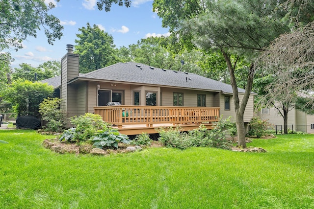 13790 Crane St NW, Andover, MN 55304 - rear view of house with a wooden deck, a shingled roof, and a chimney