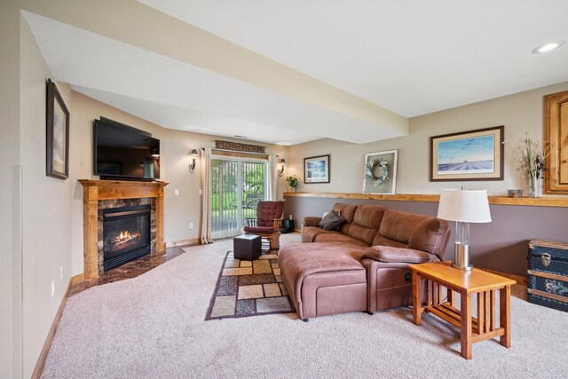 853 Texas Ct NW, Hutchinson, MN 55350 - living area featuring light carpet, a high end fireplace, and recessed lighting