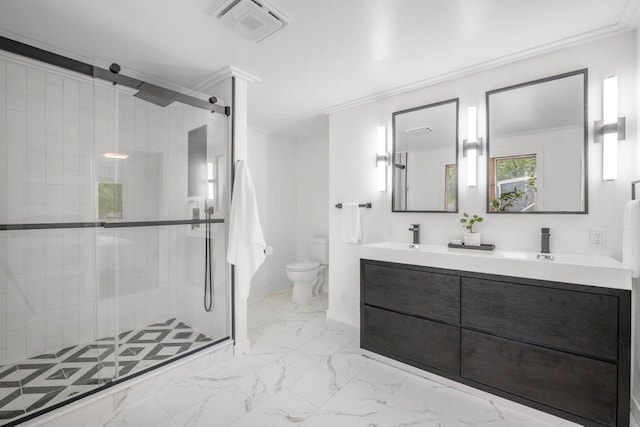237 Campbell Dr, Hopkins, MN 55343 - full bathroom featuring crown molding, a stall shower, marble finish floors, and double vanity