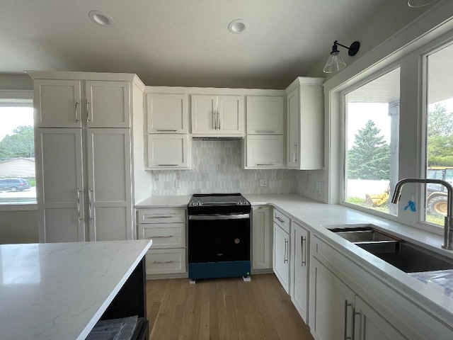 1945 Spruce Meadows Dr SE, Rochester, MN 55904 - kitchen featuring range with electric cooktop, light wood-style floors, white cabinetry, decorative backsplash, and light stone counters