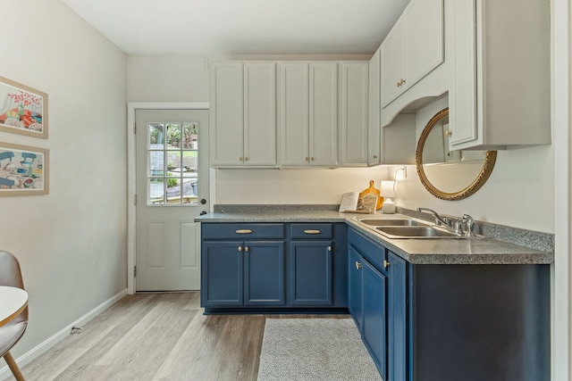 1112 29th Ave NE, Minneapolis, MN 55418 - kitchen with blue cabinets, light wood-type flooring, and white cabinets