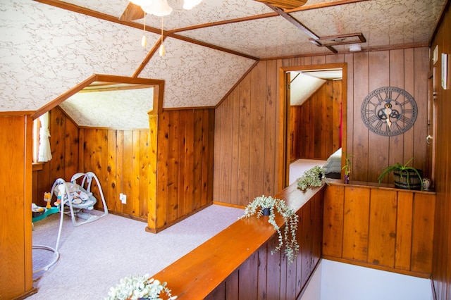 8029 2nd Ave S, Bloomington, MN 55420 - additional living space with carpet flooring, wood walls, and lofted ceiling
