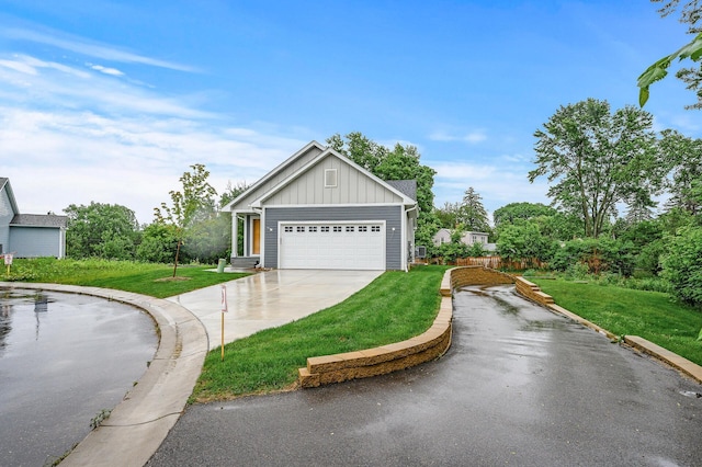 201 Mccarrons Pl W, Roseville, MN 55113 - view of front of property featuring board and batten siding, concrete driveway, a front lawn, and an attached garage