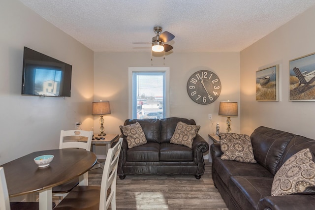 116 3rd Ave, Crosby, MN 56441 - living area featuring wood finished floors, a ceiling fan, and a textured ceiling