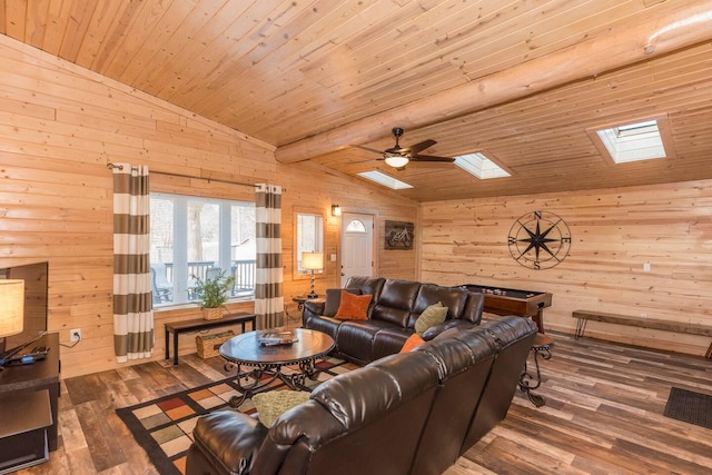116 3rd Ave, Crosby, MN 56441 - living room featuring a skylight, wood walls, hardwood / wood-style floors, wood ceiling, and ceiling fan