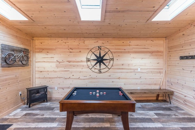 116 3rd Ave, Crosby, MN 56441 - recreation room featuring a skylight, wood walls, wooden ceiling, wood finished floors, and billiards table