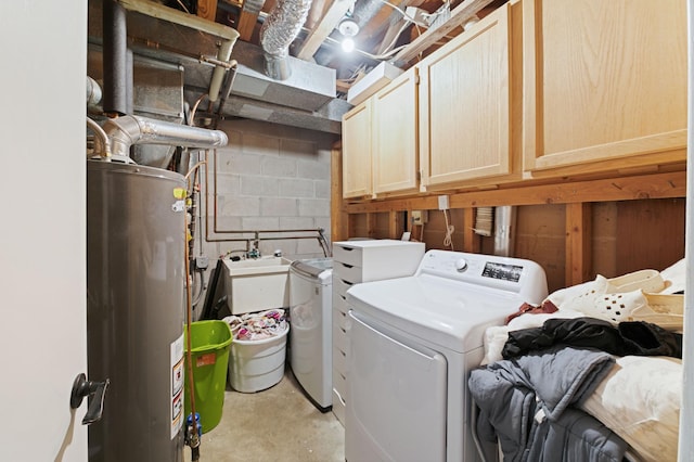 3576 Avon Ct, Woodbury, MN 55125 - washroom with gas water heater, washing machine and dryer, cabinet space, and concrete block wall