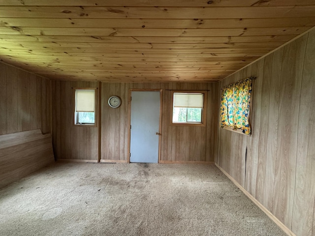 92354 Lake 12 Rd, Windemere Twp, MN 55783 - empty room featuring wooden ceiling, healthy amount of natural light, wood walls, and light colored carpet