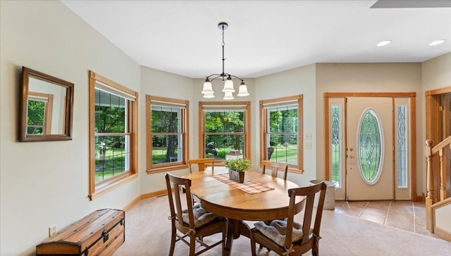 1764 State 84 SW, Pine River, MN 56474 - dining area featuring light carpet, a chandelier, recessed lighting, and stairs