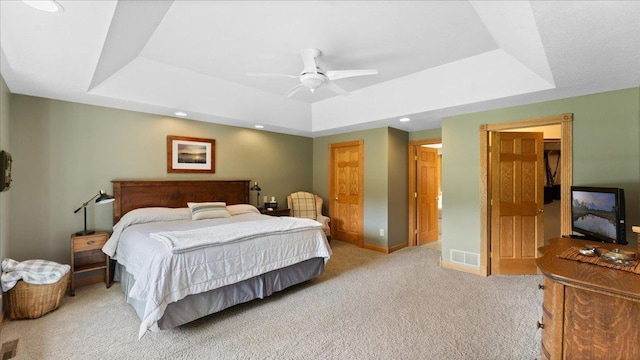 1764 State 84 SW, Pine River, MN 56474 - bedroom with a tray ceiling, light colored carpet, recessed lighting, and ceiling fan