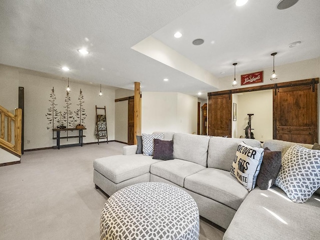 25533 Heritage Ln, Wyoming, MN 55092 - living room with a barn door, recessed lighting, and light colored carpet