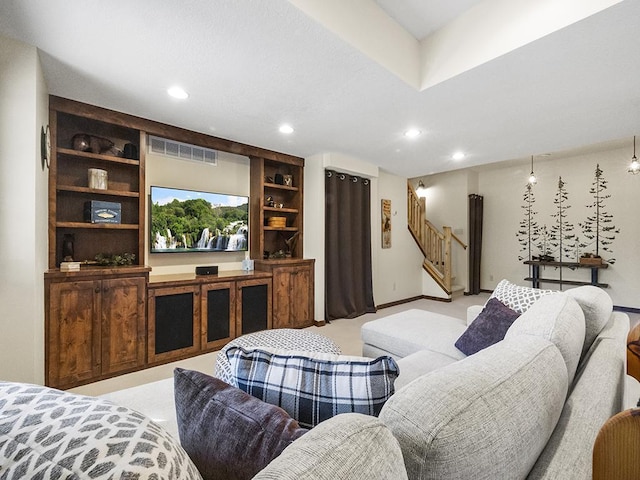 25533 Heritage Ln, Wyoming, MN 55092 - living area featuring stairway, recessed lighting, light carpet, and built in shelves