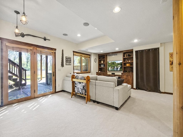 25533 Heritage Ln, Wyoming, MN 55092 - living room featuring light carpet, recessed lighting, and built in features