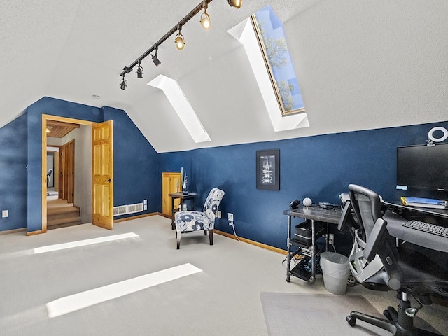 25533 Heritage Ln, Wyoming, MN 55092 - carpeted office with a skylight, track lighting, and lofted ceiling