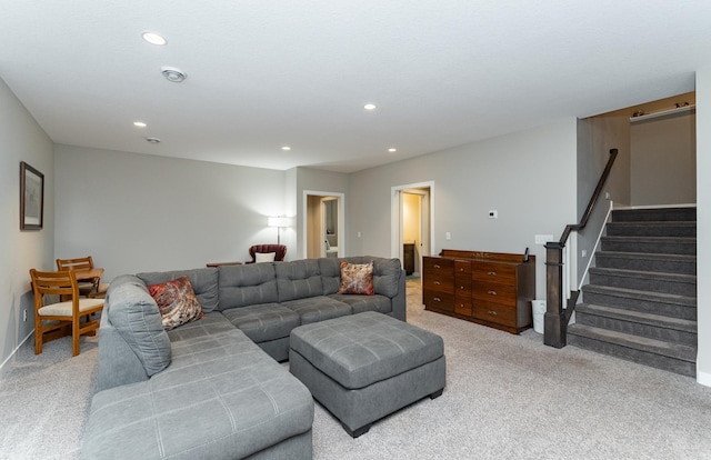 2745 Sand Trap Rd SE, Rochester, MN 55904 - living room featuring carpet, recessed lighting, and stairs
