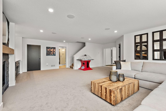16942 47th Pl N, Plymouth, MN 55446 - living area featuring stairway, recessed lighting, a fireplace, and light carpet