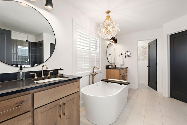 16942 47th Pl N, Plymouth, MN 55446 - full bathroom featuring two vanities, a tile shower, a soaking tub, a chandelier, and tile patterned flooring