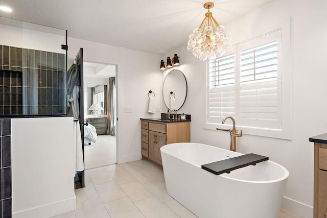 16942 47th Pl N, Plymouth, MN 55446 - full bathroom with vanity, a soaking tub, connected bathroom, and a chandelier