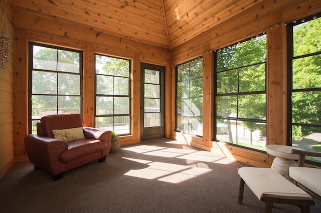 8271 Barton Ave NW, Buffalo, MN 55313 - sunroom / solarium with carpet flooring, wooden walls, and a high ceiling