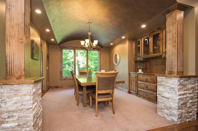 8271 Barton Ave NW, Buffalo, MN 55313 - dining area featuring vaulted ceiling, light carpet, recessed lighting, and a chandelier