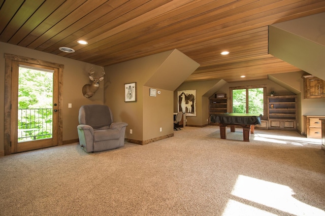 8271 Barton Ave NW, Buffalo, MN 55313 - game room with billiards, carpet floors, wooden ceiling, and recessed lighting