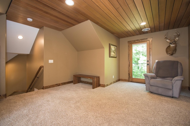 8271 Barton Ave NW, Buffalo, MN 55313 - unfurnished room with an upstairs landing, recessed lighting, carpet, wood ceiling, and vaulted ceiling