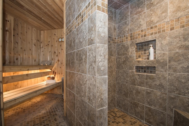 8271 Barton Ave NW, Buffalo, MN 55313 - bathroom with wood ceiling, tiled shower, and wooden walls