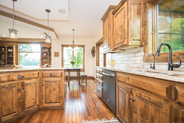 8271 Barton Ave NW, Buffalo, MN 55313 - kitchen with dishwasher, brown cabinets, dark wood-type flooring, light stone counters, and backsplash