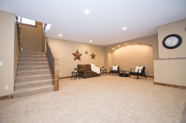 8271 Barton Ave NW, Buffalo, MN 55313 - living area featuring carpet flooring, stairway, and recessed lighting
