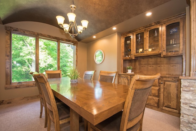 8271 Barton Ave NW, Buffalo, MN 55313 - dining space with lofted ceiling, a chandelier, light colored carpet, and recessed lighting