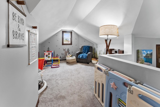 632 Quince St, Duluth, MN 55811 - game room featuring carpet floors and vaulted ceiling