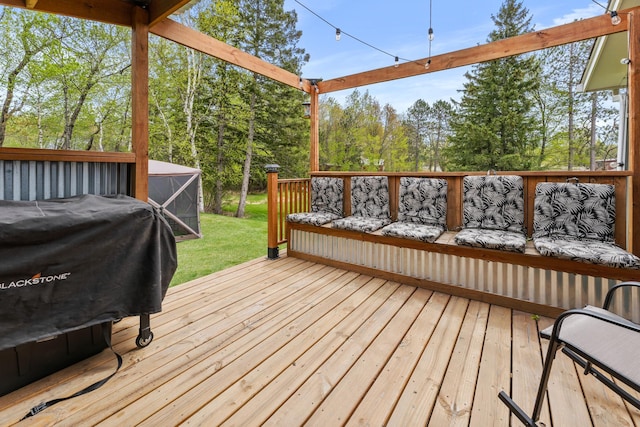 632 Quince St, Duluth, MN 55811 - wooden deck with a yard, view of scattered trees, and grilling area