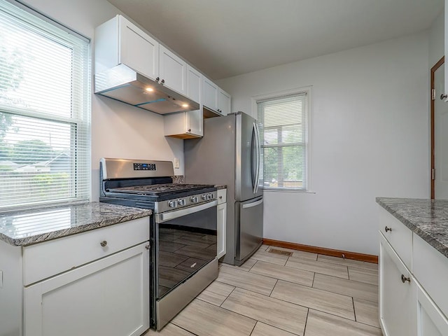 4021 Colfax Ave N, Minneapolis, MN 55412 - kitchen featuring stainless steel appliances, under cabinet range hood, white cabinetry, and light stone counters