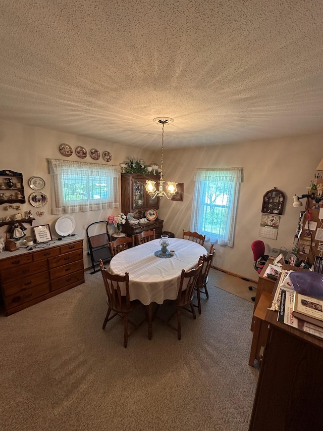 925 Willow St W, Detroit Lakes, MN 56501 - dining area featuring carpet flooring, a chandelier, and a textured ceiling