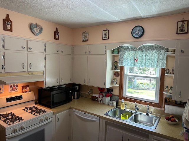 925 Willow St W, Detroit Lakes, MN 56501 - kitchen with white appliances, under cabinet range hood, open shelves, a textured ceiling, and light countertops