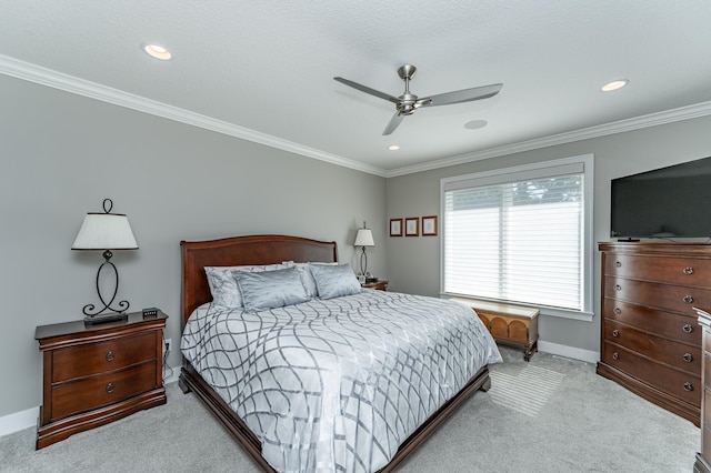 1062 Fox Hill Ln SW, Rochester, MN 55902 - bedroom with light colored carpet, crown molding, recessed lighting, and ceiling fan