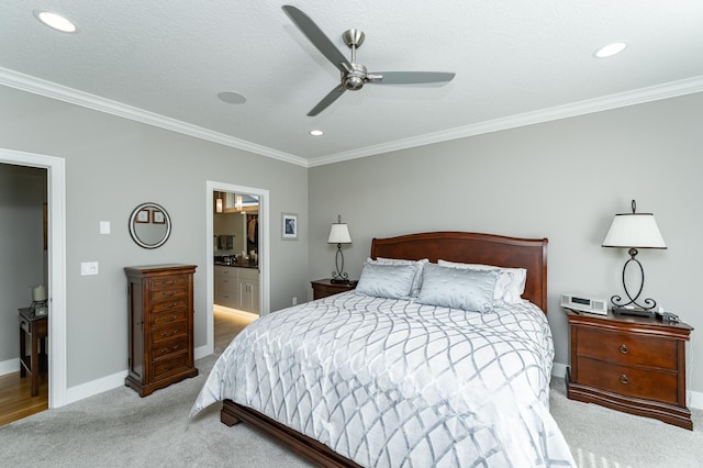 1062 Fox Hill Ln SW, Rochester, MN 55902 - bedroom with carpet flooring, ornamental molding, recessed lighting, connected bathroom, and a ceiling fan