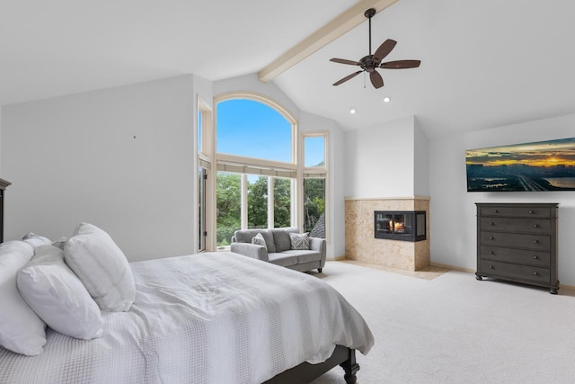 11193 Bluestem Ln, Eden Prairie, MN 55347 - bedroom featuring a multi sided fireplace, carpet, beam ceiling, high vaulted ceiling, and a ceiling fan