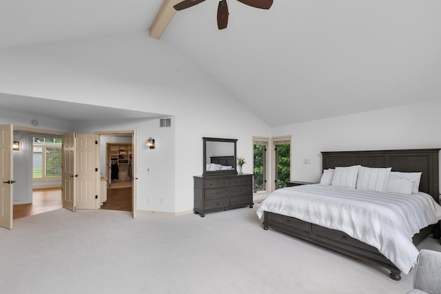 11193 Bluestem Ln, Eden Prairie, MN 55347 - carpeted bedroom with high vaulted ceiling, beam ceiling, and ceiling fan