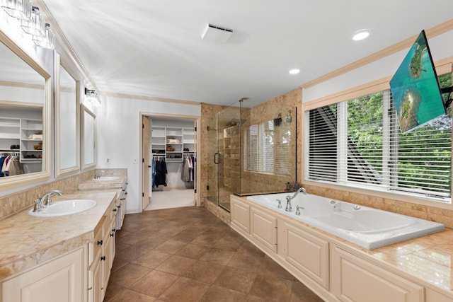 11193 Bluestem Ln, Eden Prairie, MN 55347 - full bath with a shower stall, crown molding, a spacious closet, a bath, and double vanity