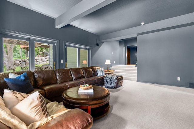 11193 Bluestem Ln, Eden Prairie, MN 55347 - carpeted living room featuring beamed ceiling