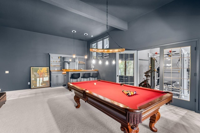 11193 Bluestem Ln, Eden Prairie, MN 55347 - game room with pool table, carpet, beam ceiling, bar, and high vaulted ceiling