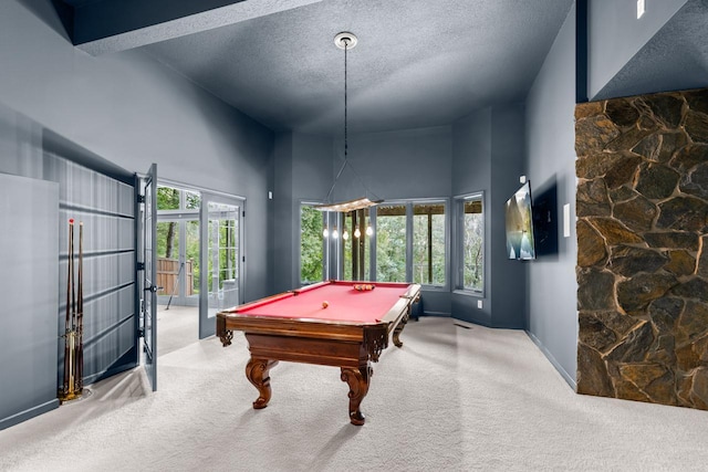 11193 Bluestem Ln, Eden Prairie, MN 55347 - playroom featuring carpet floors, a high ceiling, billiards table, and a textured ceiling