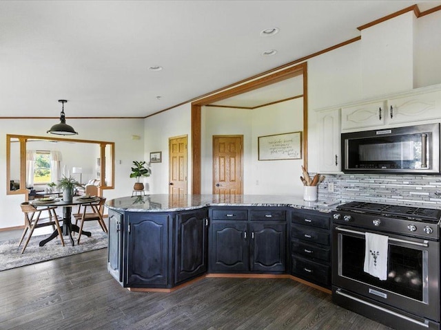 33498 175th St NE, Morrill Twp, MN 56329 - kitchen featuring black microwave, stainless steel gas range, ornamental molding, tasteful backsplash, and light stone counters