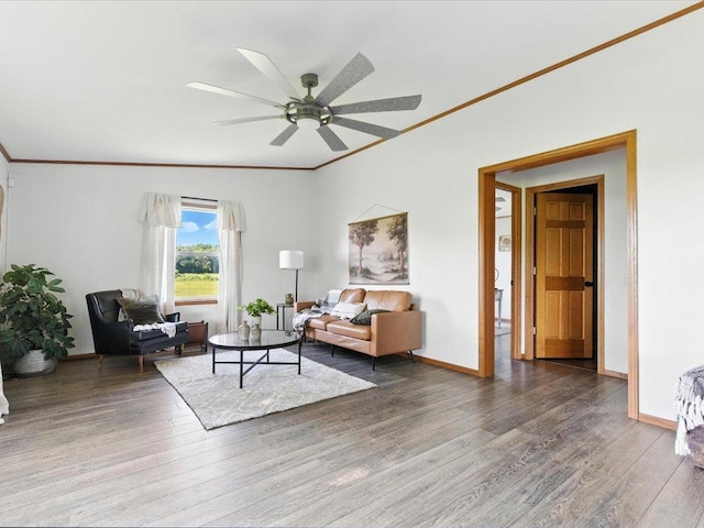 33498 175th St NE, Morrill Twp, MN 56329 - living room featuring wood finished floors, a ceiling fan, and crown molding